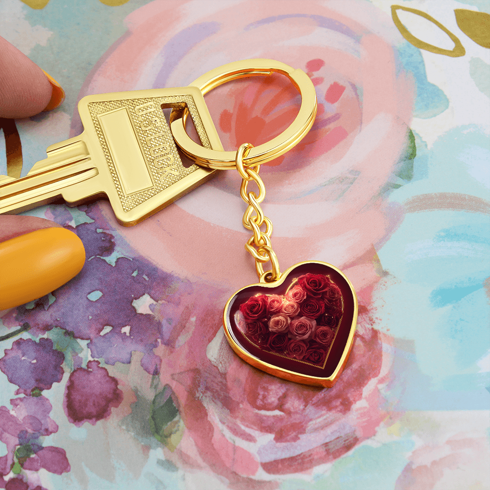 Cheeky Heart Roses Key Chain Dome Bloom Keepsake Romance