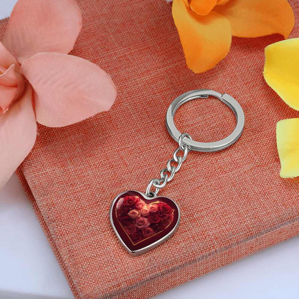 Cheeky Heart Roses Key Chain Dome Bloom Keepsake Romance