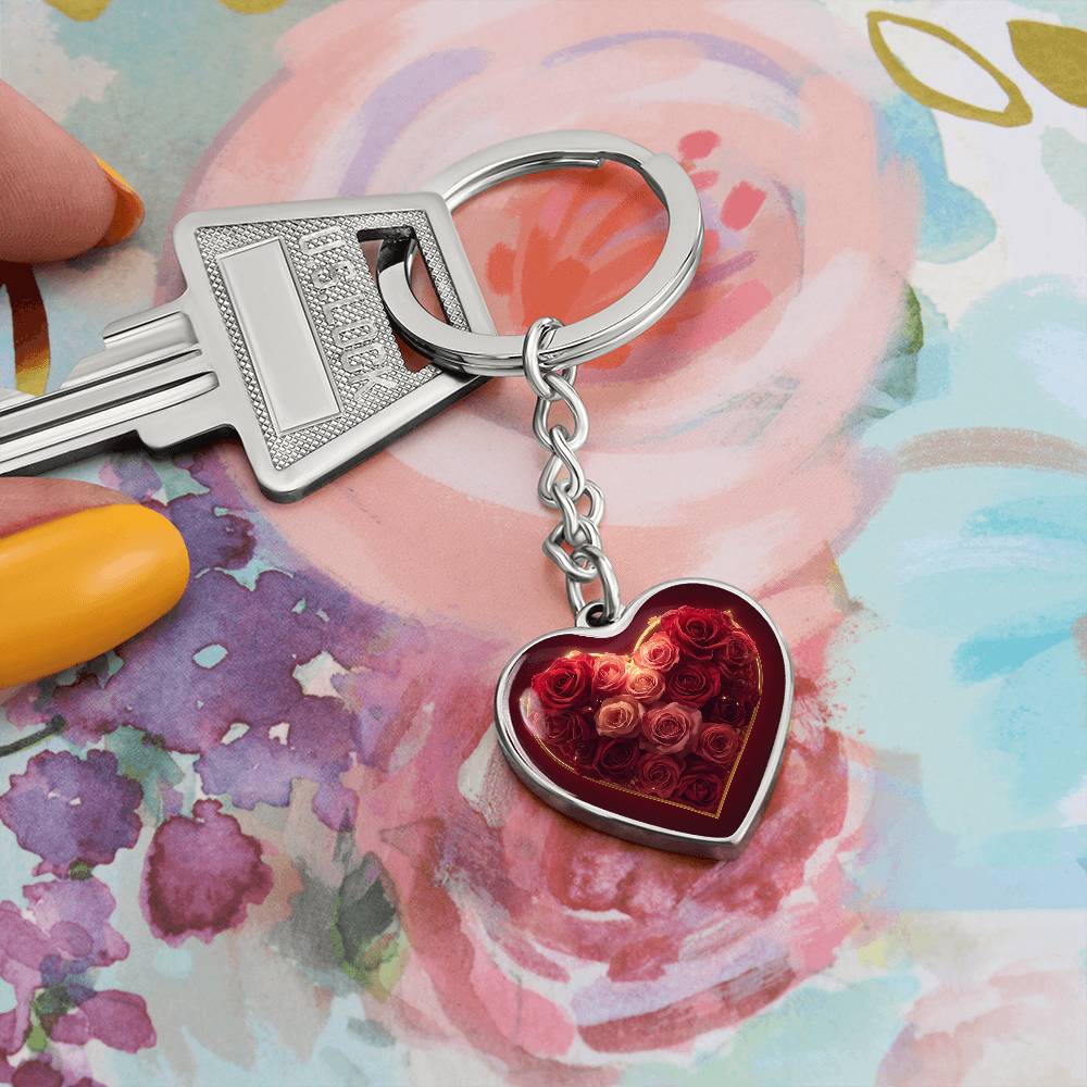 Cheeky Heart Roses Key Chain Dome Bloom Keepsake Romance
