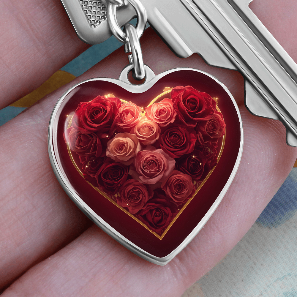 Cheeky Heart Roses Key Chain Dome Bloom Keepsake Romance