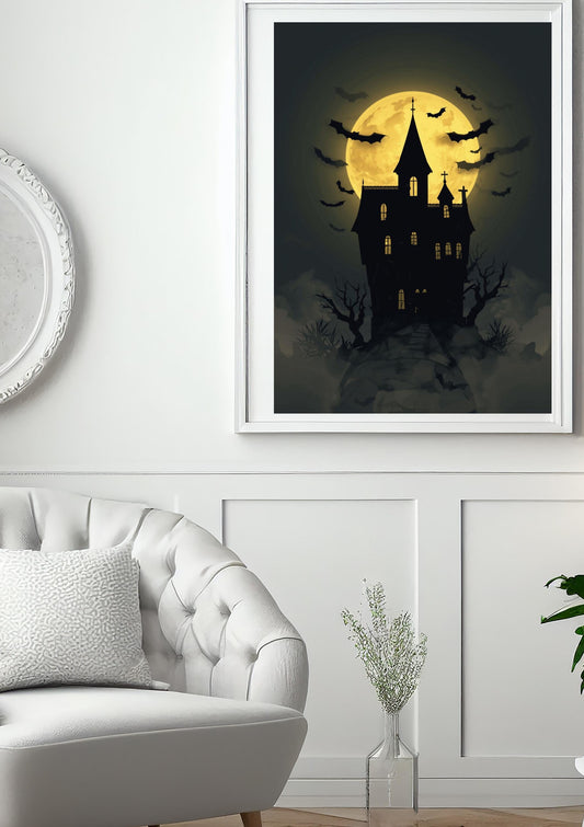 Haunted House Halloween Wall Art | Gothic Moon & Bats Spooky Decor (Digital Download)