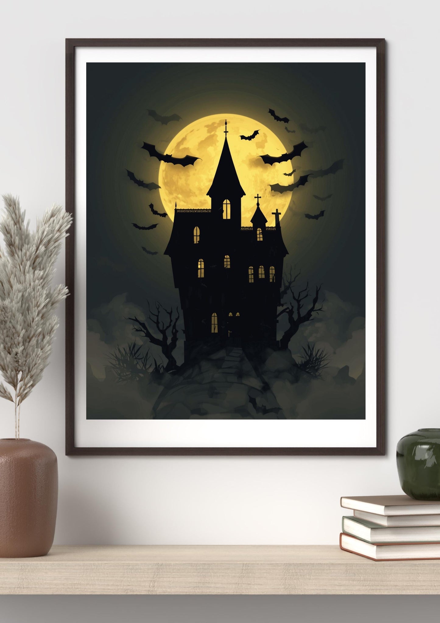 Haunted House Halloween Wall Art | Gothic Moon & Bats Spooky Decor (Digital Download)