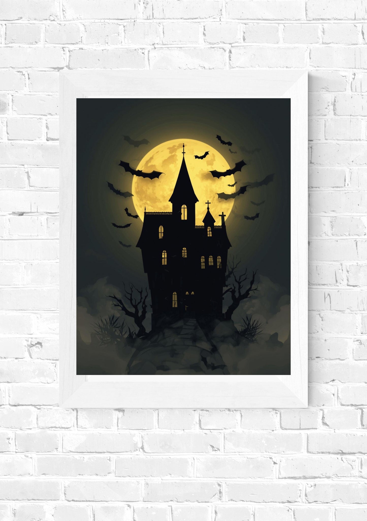 Haunted House Halloween Wall Art | Gothic Moon & Bats Spooky Decor (Digital Download)