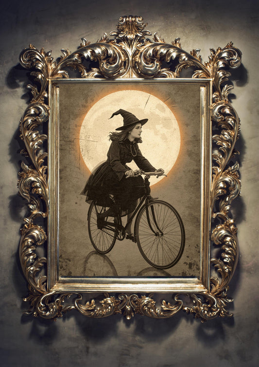 Vintage Halloween Witch Wall Art | Spooky Bicycle Ride Gothic Decor (Digital Download)